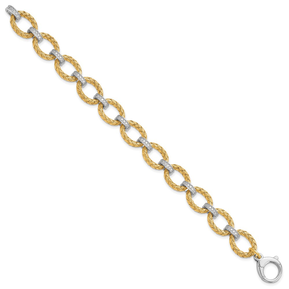 7.25 Inch Sterling Silver Rhodium-Plated Gold-Plated Cz Woven Link Bracelet