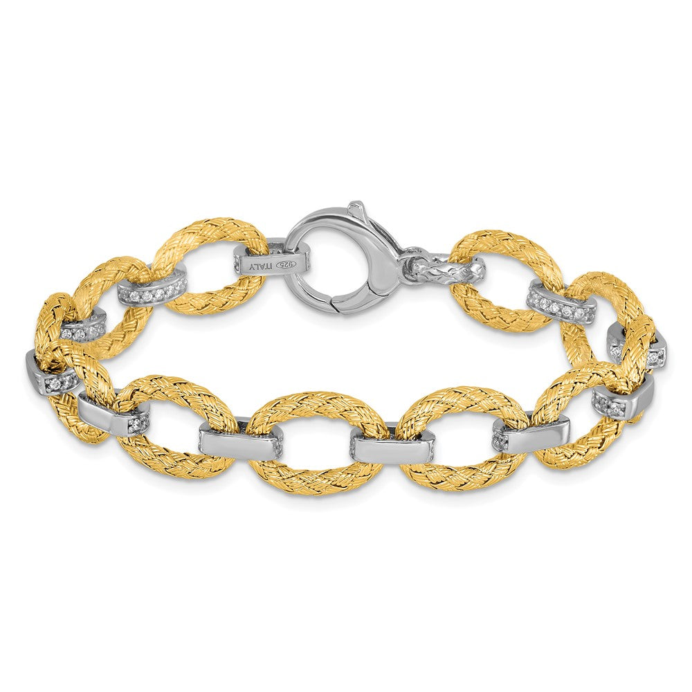 7.25 Inch Sterling Silver Rhodium-Plated Gold-Plated Cz Woven Link Bracelet