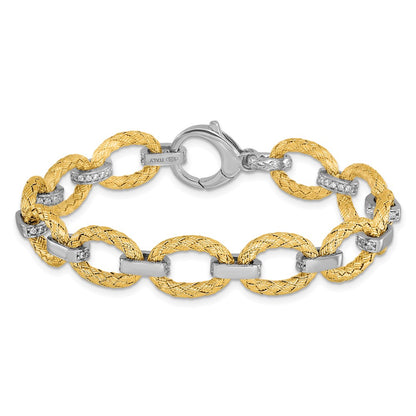 7.25 Inch Sterling Silver Rhodium-Plated Gold-Plated Cz Woven Link Bracelet