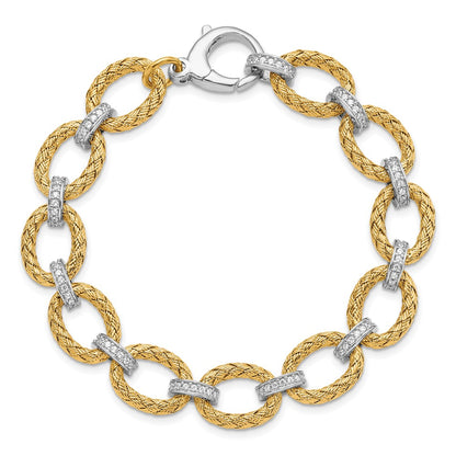 7.25 Inch Sterling Silver Rhodium-Plated Gold-Plated Cz Woven Link Bracelet