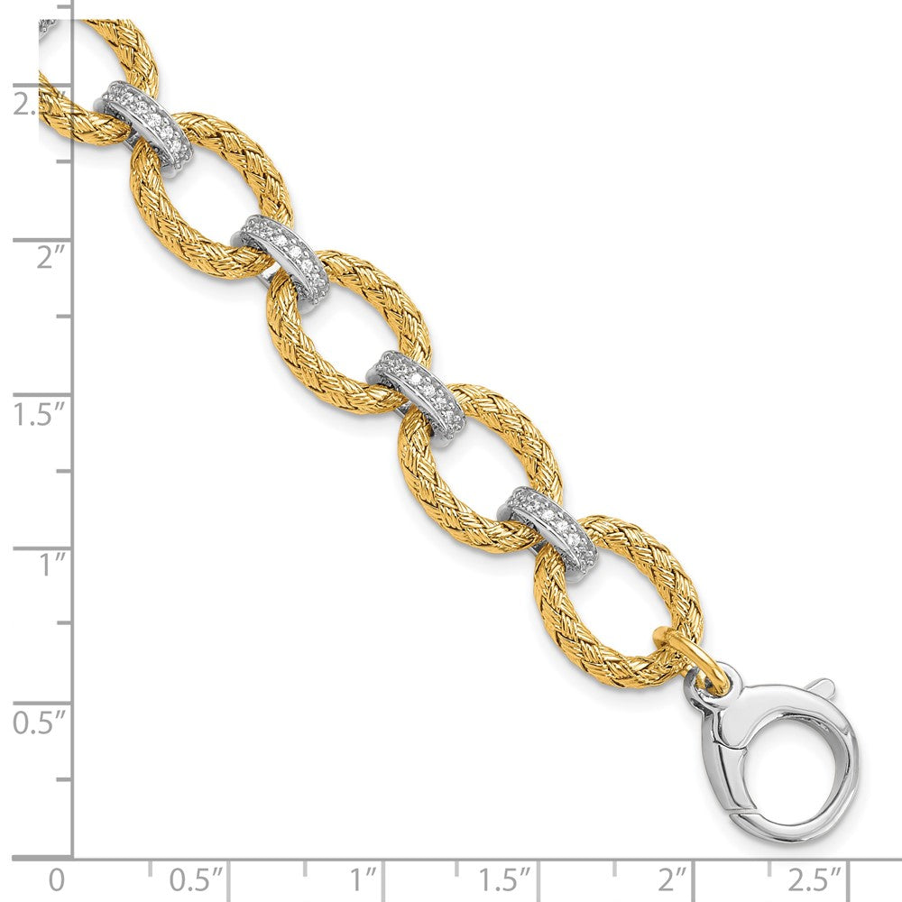 7.25 Inch Sterling Silver Rhodium-Plated Gold-Plated Cz Woven Link Bracelet