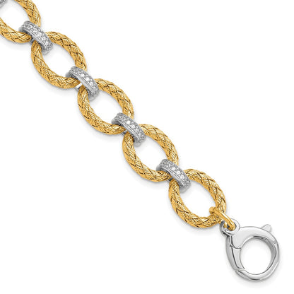 7.25 Inch Sterling Silver Rhodium-Plated Gold-Plated Cz Woven Link Bracelet