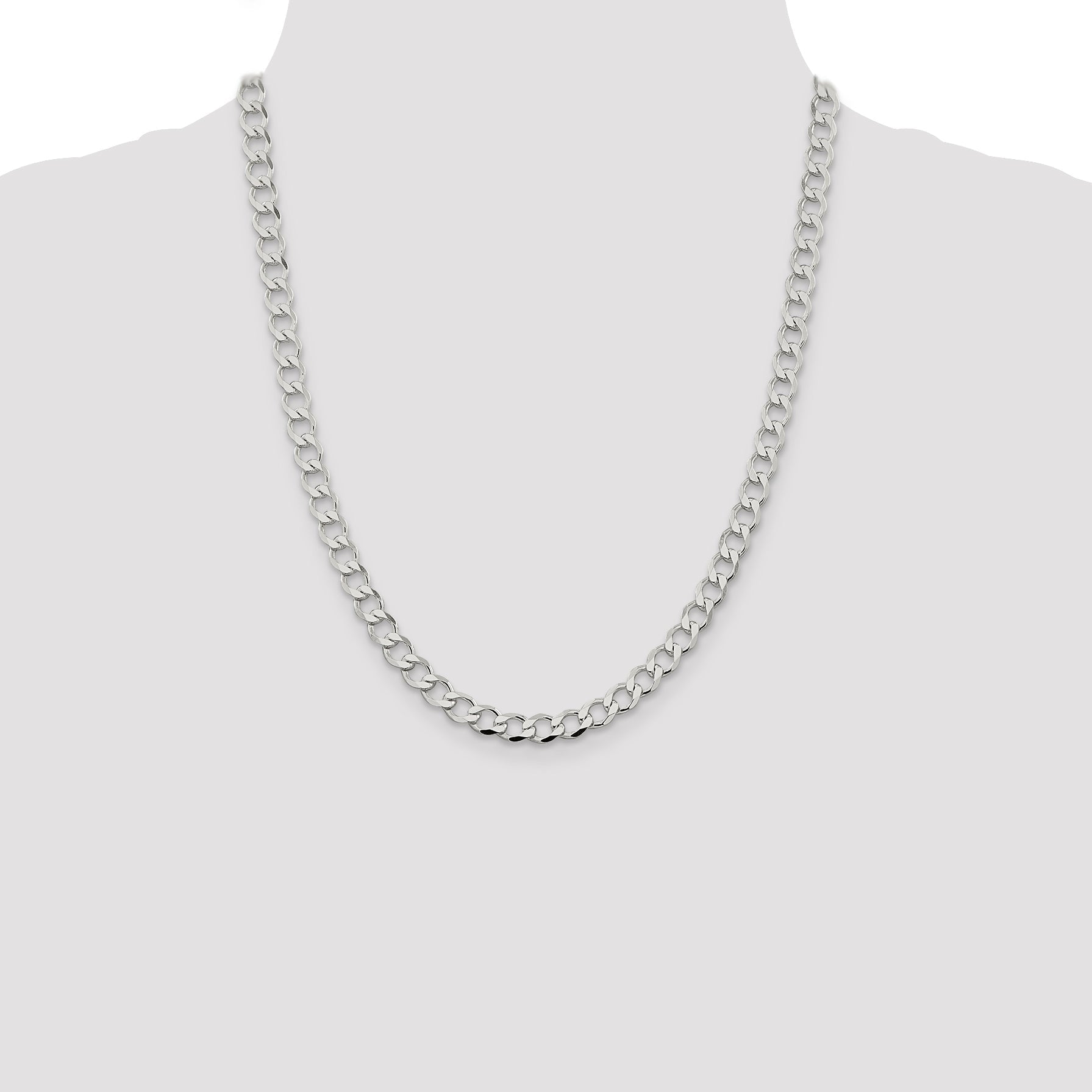 22 Inch Sterling Silver 6.7mm Semi-Solid Flat Curb Chain Necklace