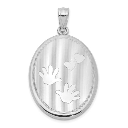 Sterling Silver Rhodium-Plated Polished Hands & Hearts Oval Open Locket