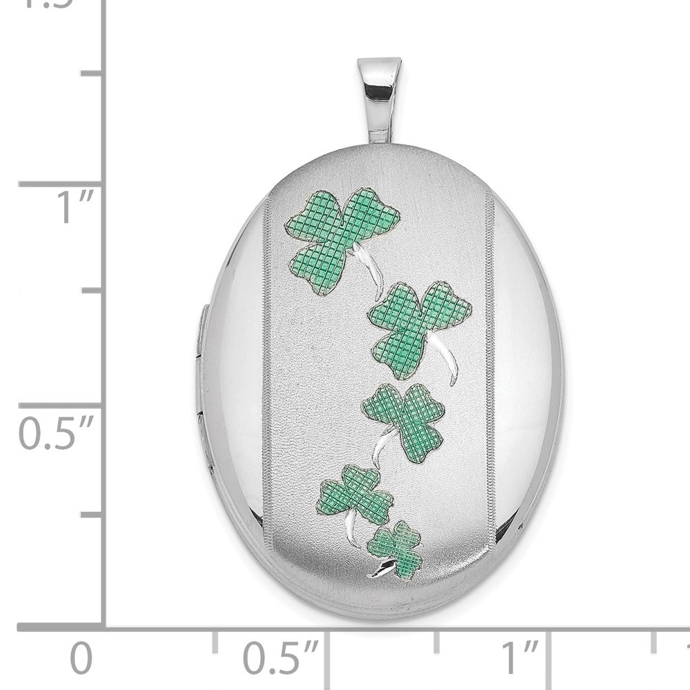 Sterling Silver Rhodium-Plated Satin Enameled Clovers 26X20mm Oval Locket