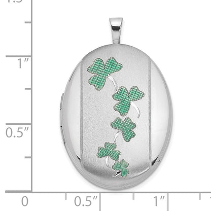 Sterling Silver Rhodium-Plated Satin Enameled Clovers 26X20mm Oval Locket