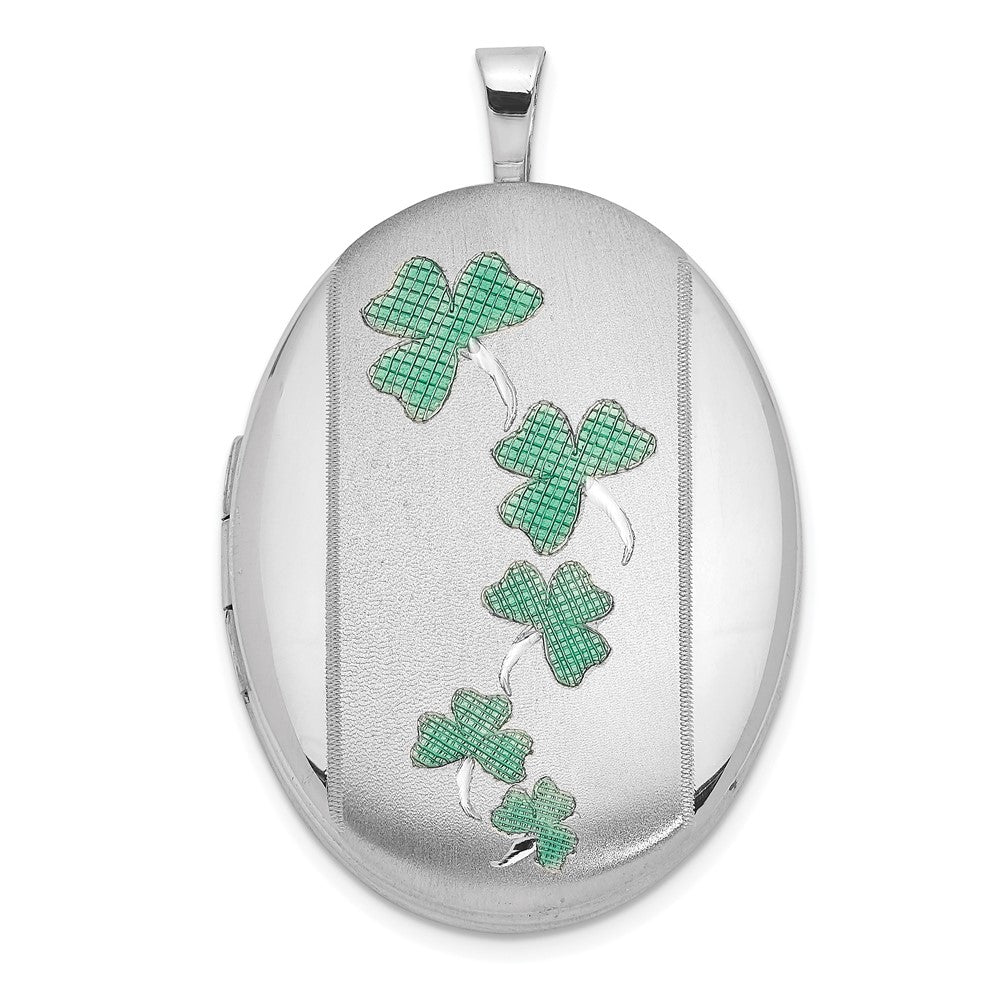 Sterling Silver Rhodium-Plated Satin Enameled Clovers 26X20mm Oval Locket