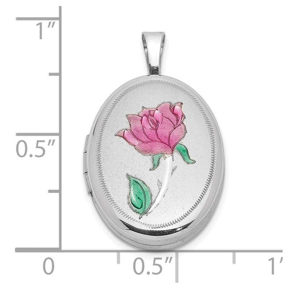 Sterling Silver Rhodium-Plated Enameled Rose 19X15mm Oval Locket