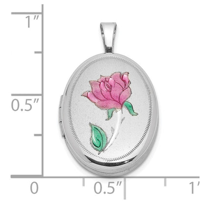 Sterling Silver Rhodium-Plated Enameled Rose 19X15mm Oval Locket