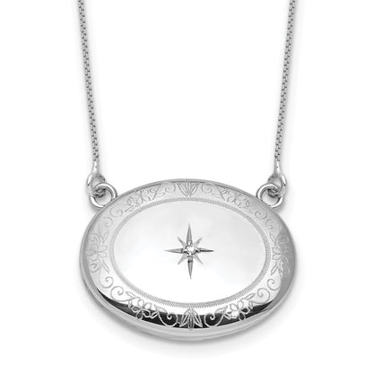 Sterling Silver Rh-Pl Diamond Floral 20mm Oval Locket w/2 in Ext. Necklace