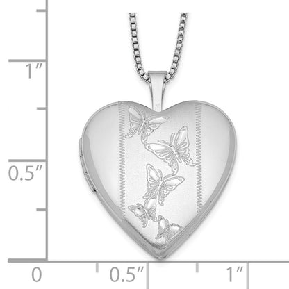 Sterling Silver Rhodium-Plated 20mm Butterflies Heart Locket Necklace