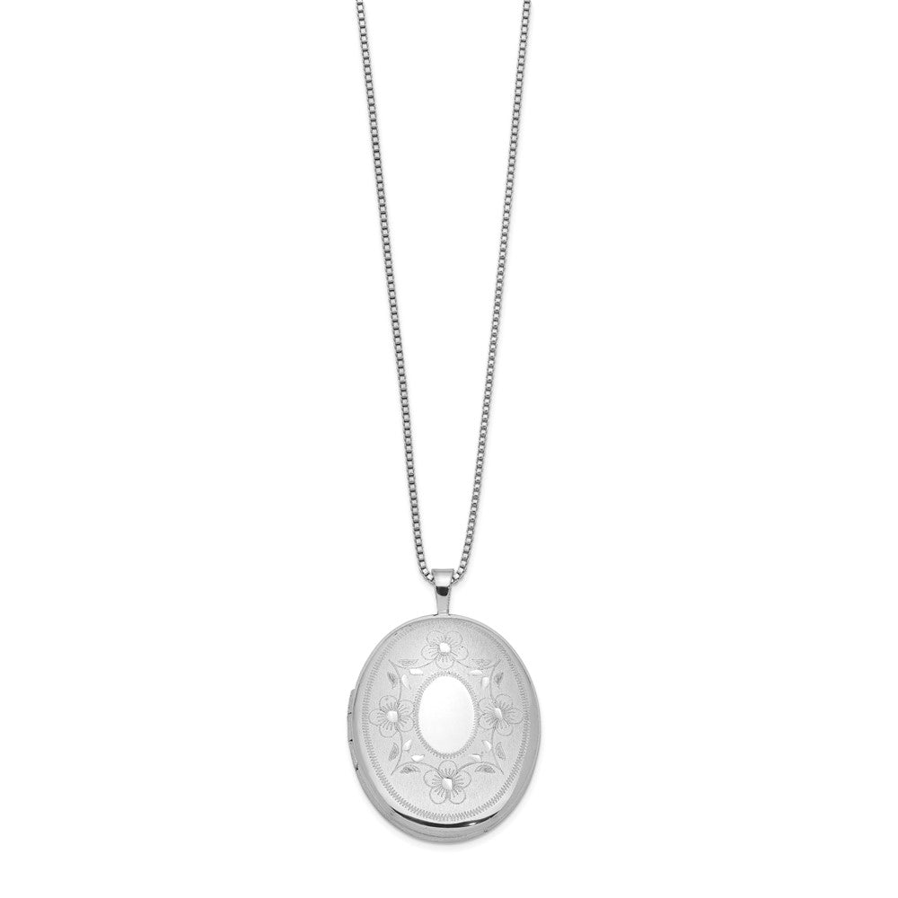 Sterling Silver Rh-Plated 26mm Floral Oval Locket Necklace