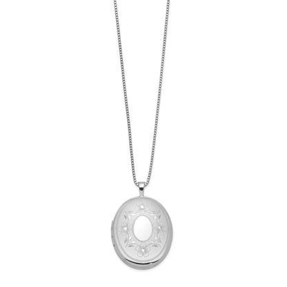 Sterling Silver Rh-Plated 26mm Floral Oval Locket Necklace