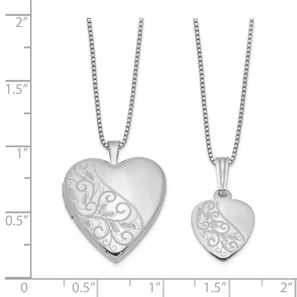 Sterling Silver Rhodium-Plated Polished & Satin Back Swirl Design Mother 18In Locket Daughter 14In Pendant Necklace Set