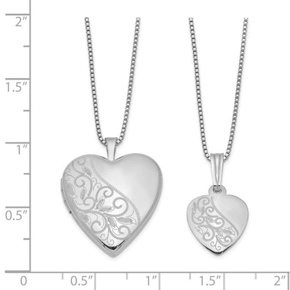 Sterling Silver Rhodium-Plated Polished & Satin Back Swirl Design Mother 18In Locket Daughter 14In Pendant Necklace Set