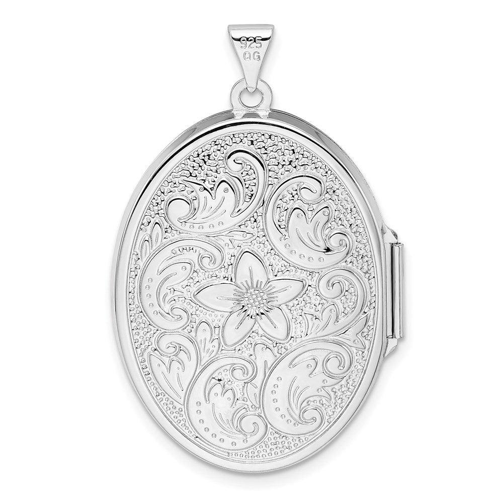 Sterling Silver Rhodium-Plated Reversible Floral Swirl Oval Locket