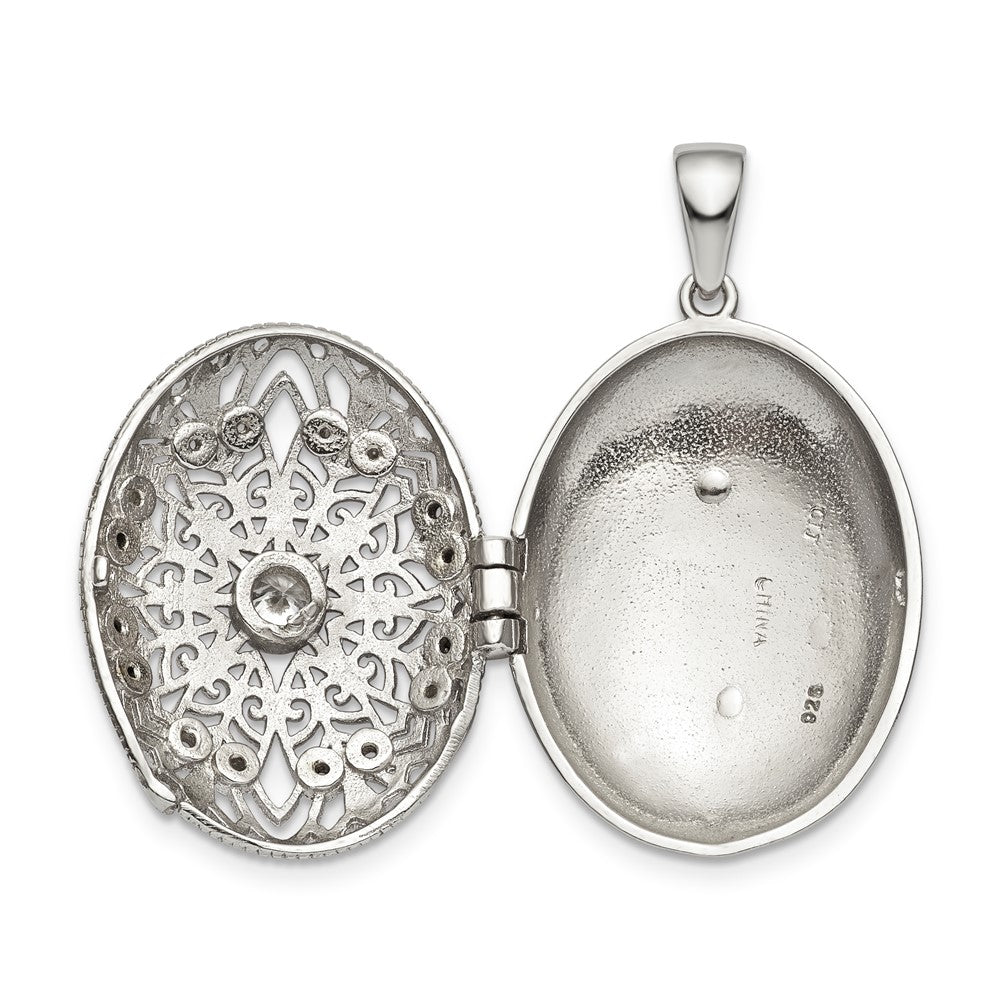 Sterling Silver Rhodium-Plated Cz Filigree Top Polished Back Oval Locket