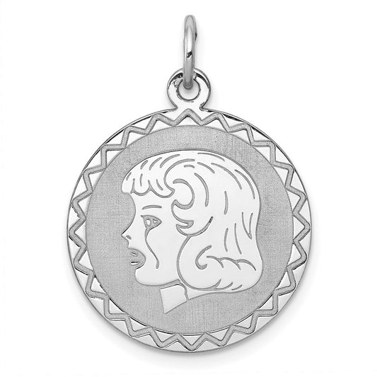 Sterling Silver Rhodium-Plated Engraveable Girl Disc Charm