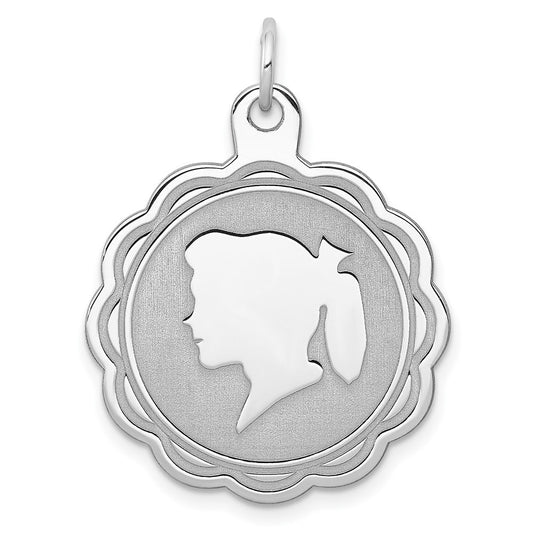 Sterling Silver Rhodium-Plated Engraveable Girl Disc Charm