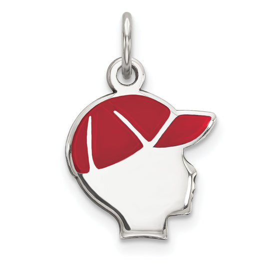 Sterling Silver Rhod-Plate Red Enamel Right Facing Boy Head Disc Charm