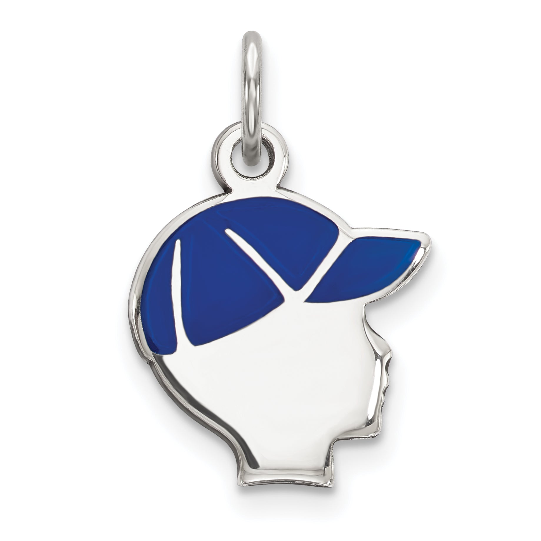 Sterling Silver Rhod-Plate Blue Enamel Right Facing Boy Head Disc Charm