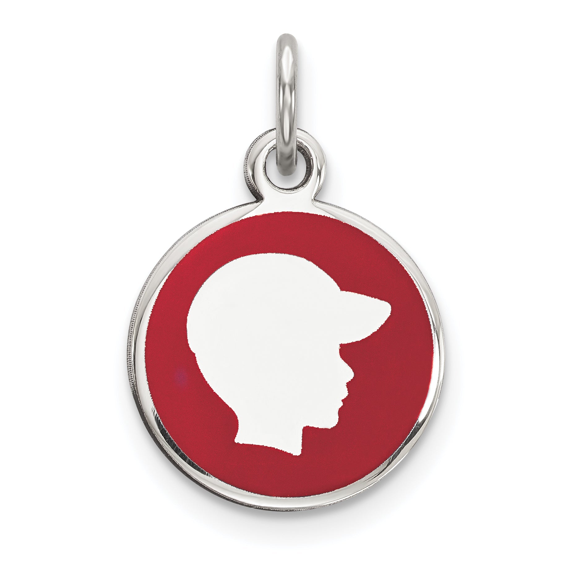 Sterling Silver Rhod-Plate Red Enamel Right Facing Boy Head Disc Charm