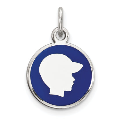 Sterling Silver Rhod-Plate Blue Enamel Right Facing Boy Head Disc Charm