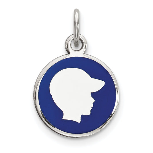 Sterling Silver Rhod-Plate Blue Enamel Right Facing Boy Head Disc Charm