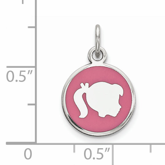 Sterling Silver Rhod-Plate Pink Enamel Right Facing Girl Head Disc Charm