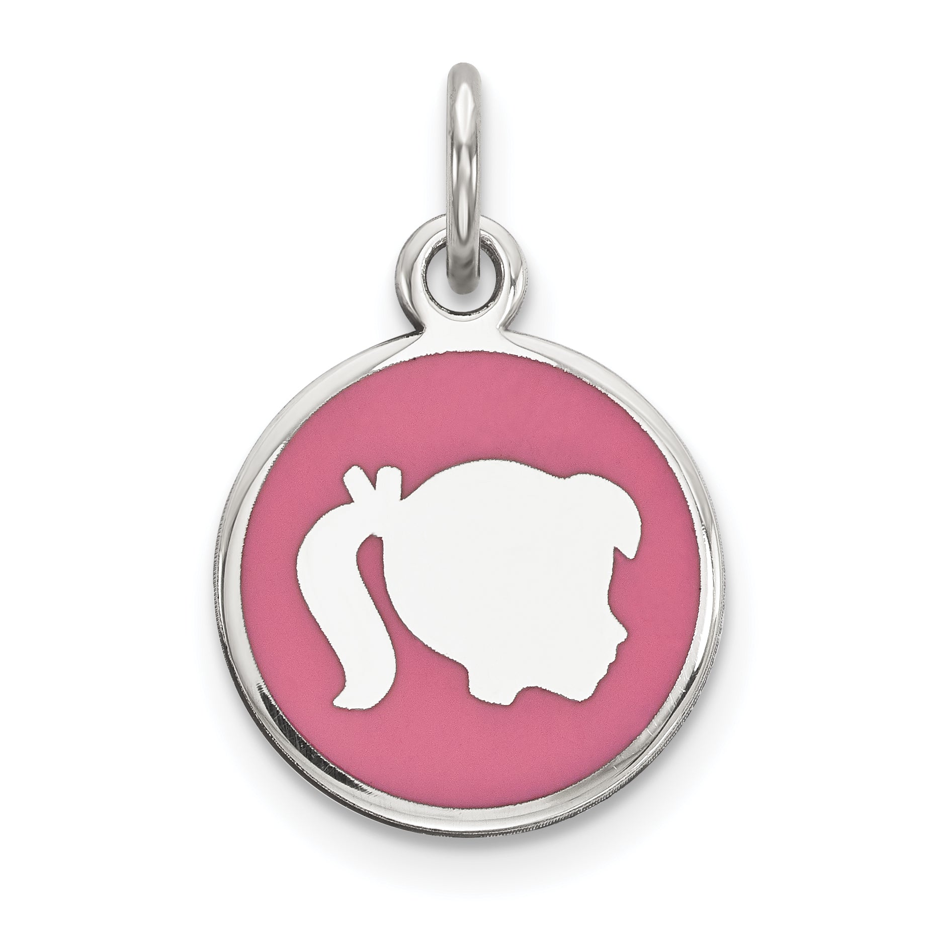 Sterling Silver Rhod-Plate Pink Enamel Right Facing Girl Head Disc Charm