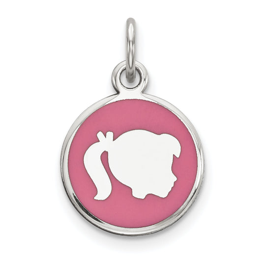 Sterling Silver Rhod-Plate Pink Enamel Right Facing Girl Head Disc Charm