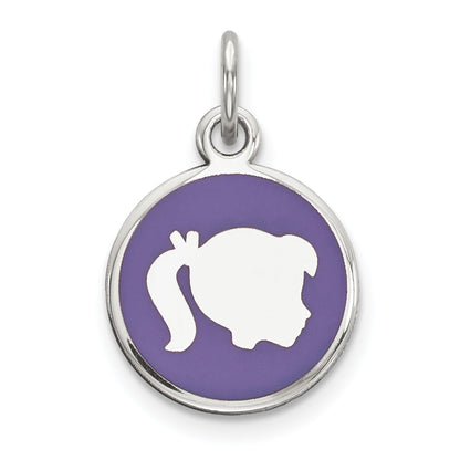 Sterling Silver Rhod-Plate Purple Enamel Right Facing Girl Head Disc Charm