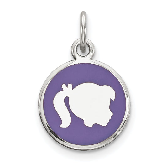 Sterling Silver Rhod-Plate Purple Enamel Right Facing Girl Head Disc Charm