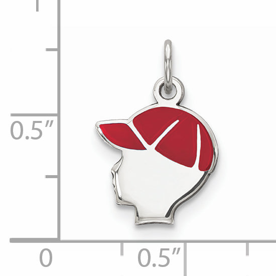 Sterling Silver Rhod-Plate Red Enamel Left Facing Boy Head Disc Charm