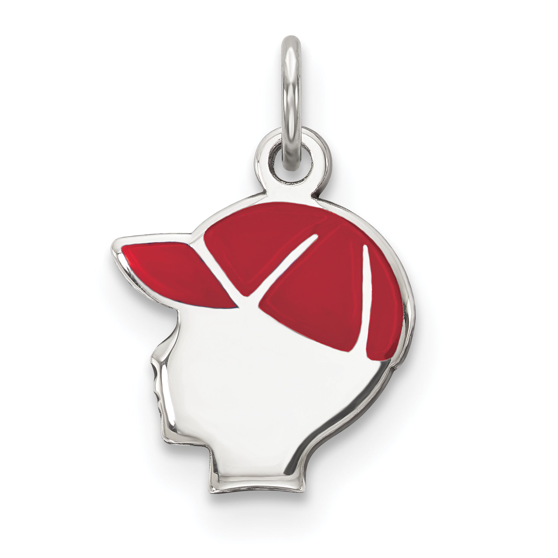 Sterling Silver Rhod-Plate Red Enamel Left Facing Boy Head Disc Charm