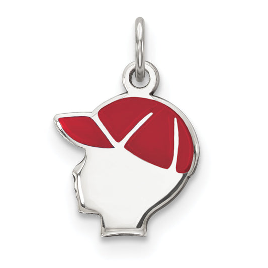 Sterling Silver Rhod-Plate Red Enamel Left Facing Boy Head Disc Charm