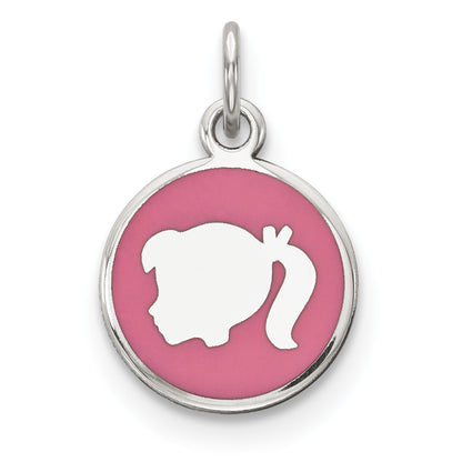 Sterling Silver Rhod-Plate Pink Enamel Left Facing Girl Head Disc Charm