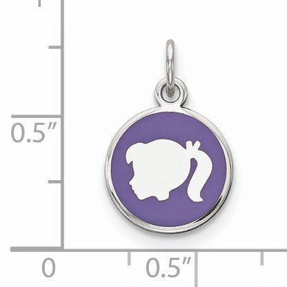 Sterling Silver Rhod-Plate Purple Enamel Left Facing Girl Head Disc Charm