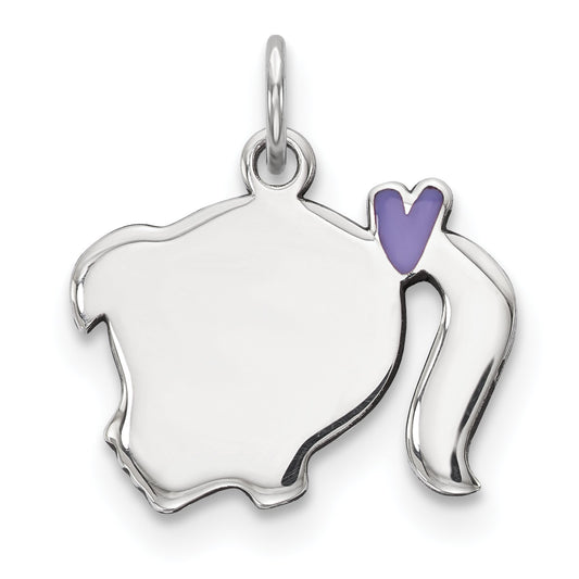 Sterling Silver Rhod-Plate Purple Enamel Left Facing Girl Head Disc Charm