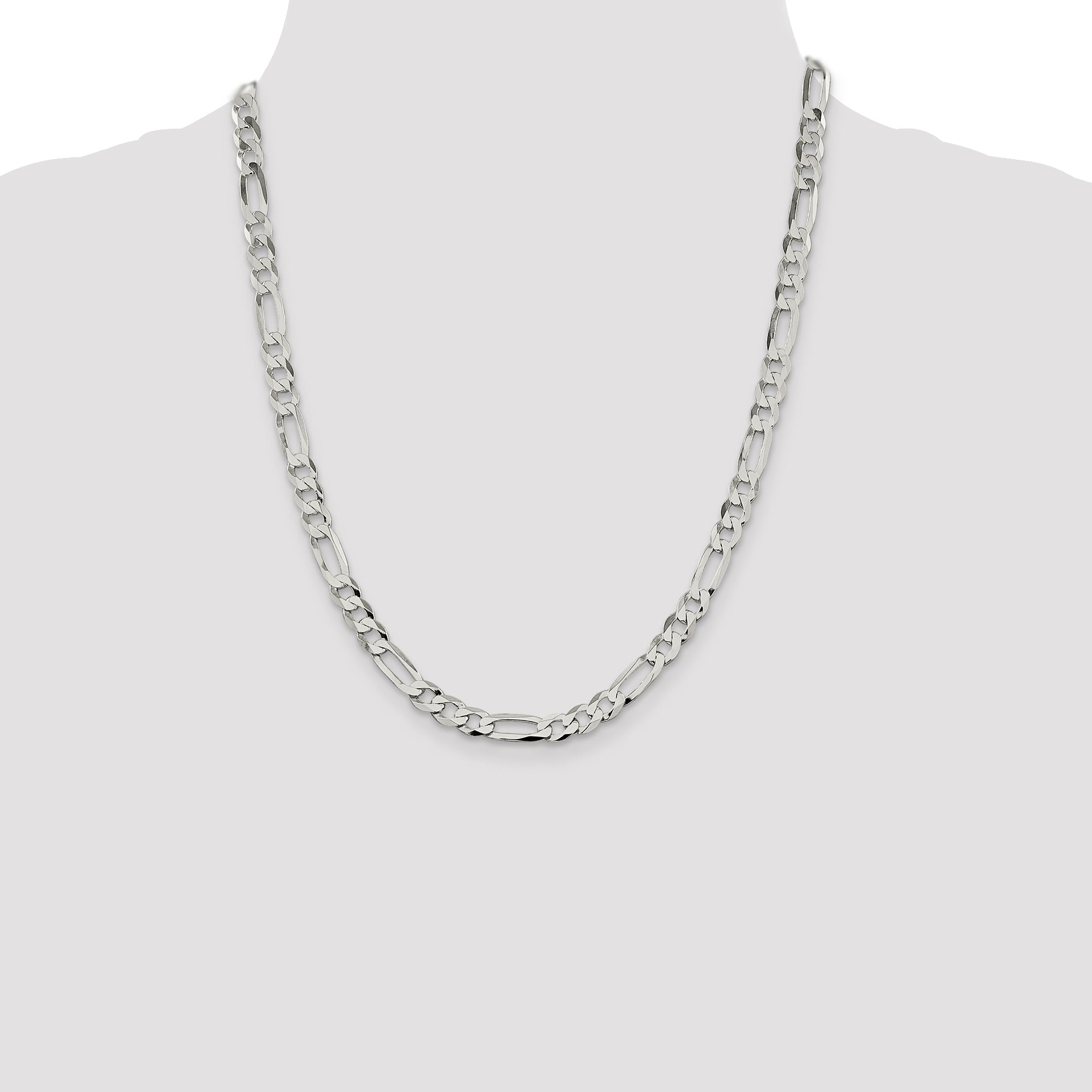 22 Inch Sterling Silver 7.0mm Lightweight Flat Figaro Chain Necklace