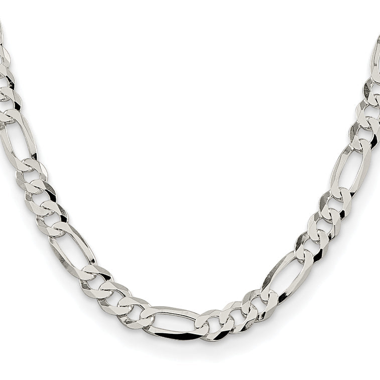 24 Inch Sterling Silver 8.5mm Lightweight Flat Figaro Chain Necklace
