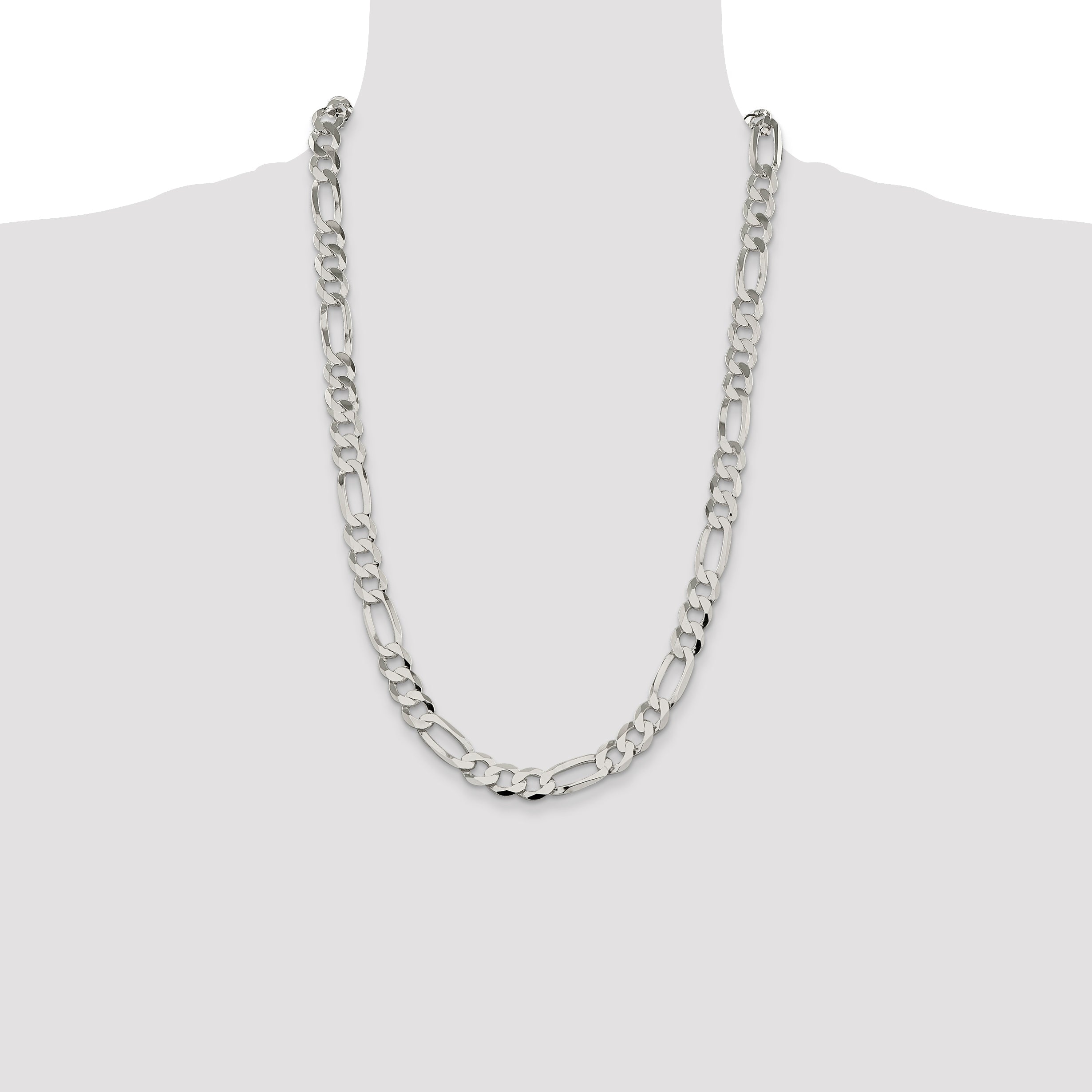 26 Inch Sterling Silver 9.7mm Lightweight Flat Figaro Chain Necklace