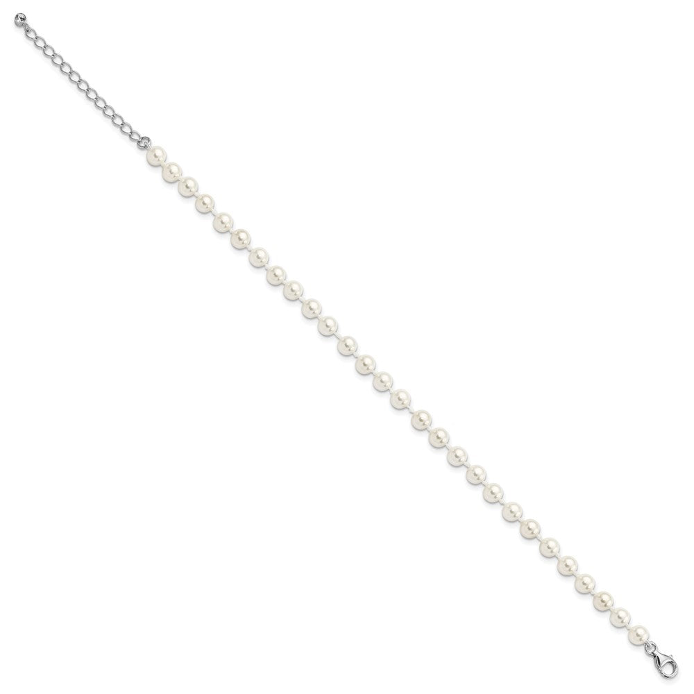 Sterling Silver Majestik Rhodium-Plated 5-6mm Imitation Shell Pearl And Cz 8.5 Inch Anklet With 2 Extender