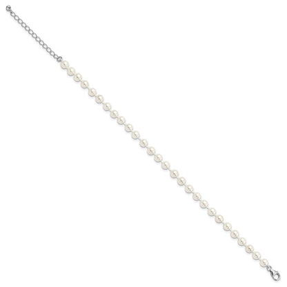 Sterling Silver Majestik Rhodium-Plated 5-6mm Imitation Shell Pearl And Cz 8.5 Inch Anklet With 2 Extender