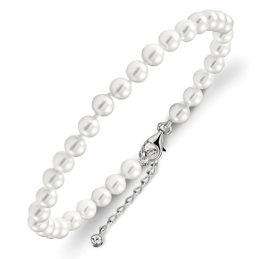 Sterling Silver Majestik Rhodium-Plated 5-6mm Imitation Shell Pearl And Cz 8.5 Inch Anklet With 2 Extender