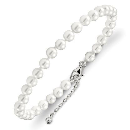 Sterling Silver Majestik Rhodium-Plated 5-6mm Imitation Shell Pearl And Cz 8.5 Inch Anklet With 2 Extender