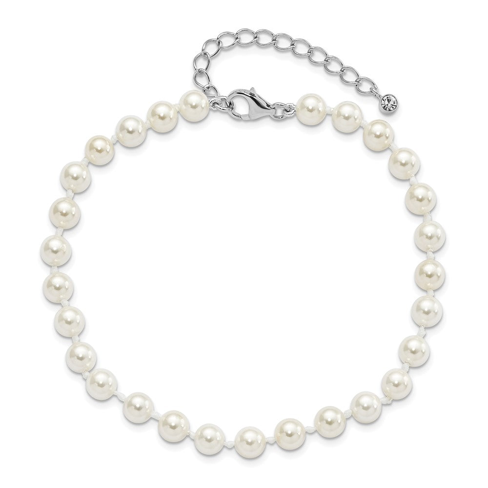 Sterling Silver Majestik Rhodium-Plated 5-6mm Imitation Shell Pearl And Cz 8.5 Inch Anklet With 2 Extender