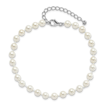 Sterling Silver Majestik Rhodium-Plated 5-6mm Imitation Shell Pearl And Cz 8.5 Inch Anklet With 2 Extender