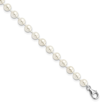 Sterling Silver Majestik Rhodium-Plated 5-6mm Imitation Shell Pearl And Cz 8.5 Inch Anklet With 2 Extender