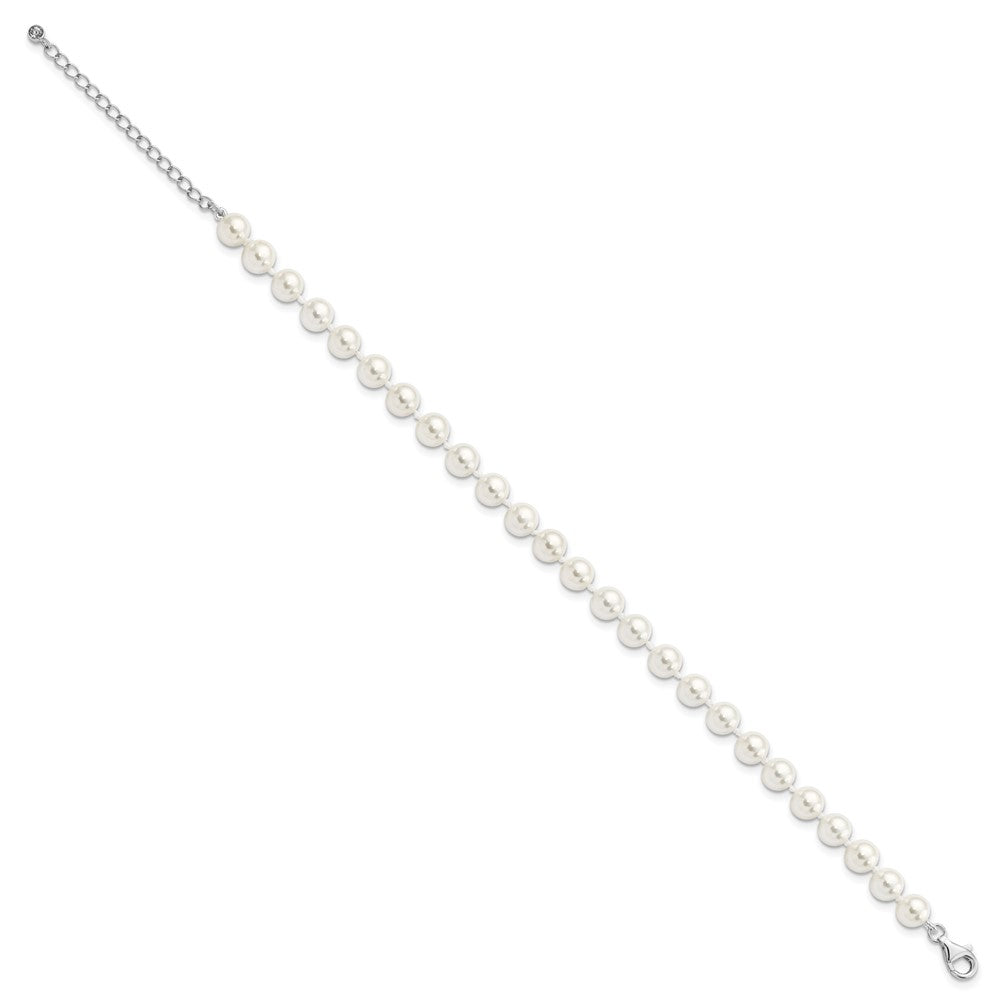Sterling Silver Majestik Rhodium-Plated 7-8mm Imitation Shell Pearl And Cz 8.5 Inch Anklet With 2 Extender